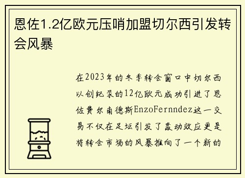 恩佐1.2亿欧元压哨加盟切尔西引发转会风暴 恩佐1.2亿欧元压哨加盟切尔西引发转会风暴